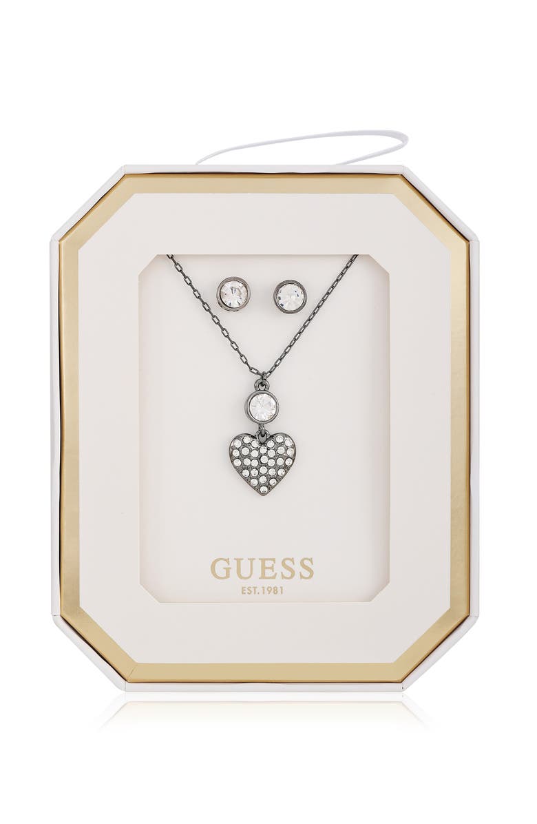 GUESS Crystal Heart Pendant Necklace & Stud Earrings Set, Main, color, Silver