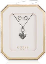 GUESS Crystal Heart Pendant Necklace & Stud Earrings Set