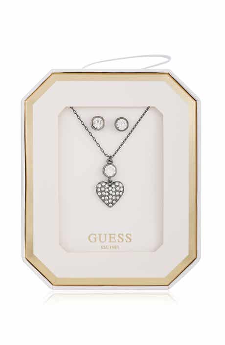 GUESS Crystal Heart Pendant Necklace & Stud Earrings Set