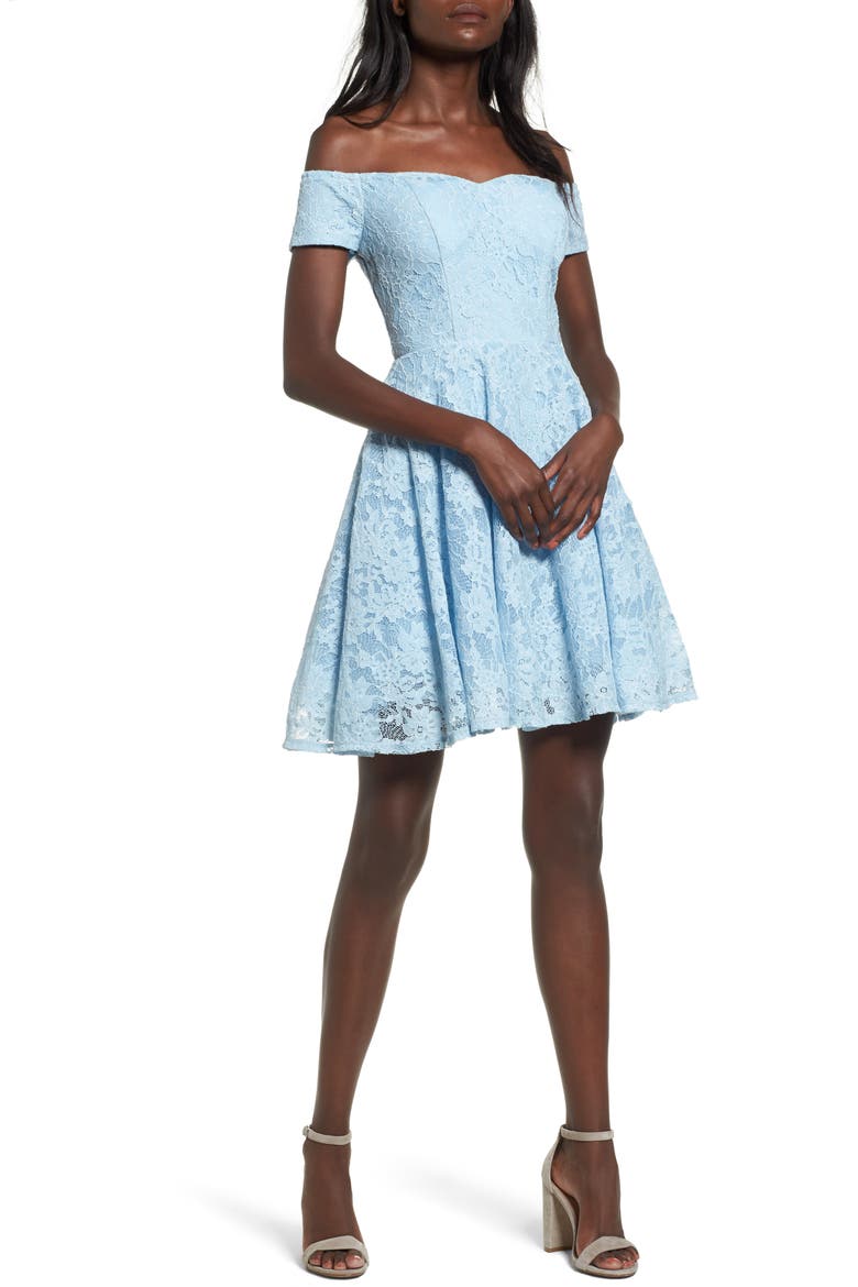 Lace Off the Shoulder Fit & Flare Dress, Main, color, WASHED BLUE