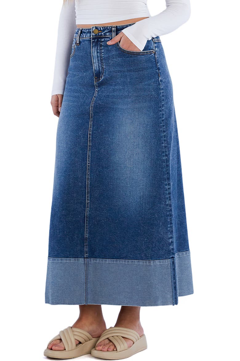 Cuffed Denim Maxi Skirt, Alternate, color, CUFFED BLUE