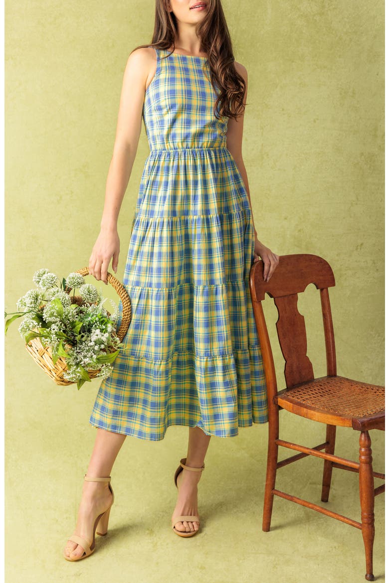 Plaid Tiered Cotton Midi Dress, Alternate, color, YELLOW BLUE