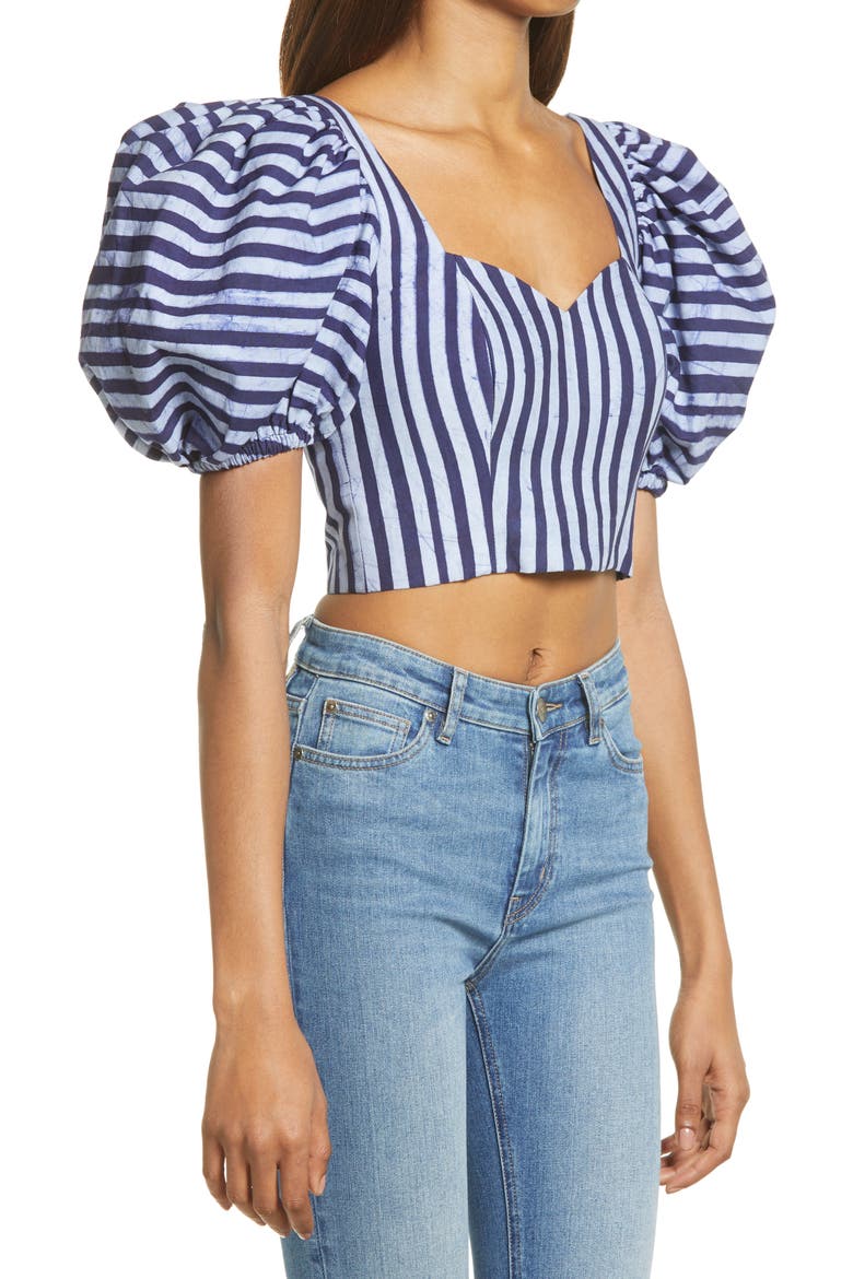 Asha Stripe Puff Sleeve Crop Top, Alternate, color, NAVY BLUE/ WHITE