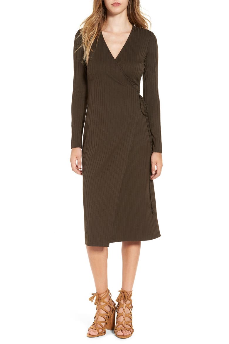 ASTR Rib Knit Wrap Dress, Main, color, OLIVE
