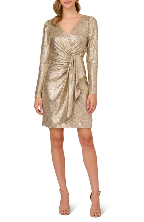 Metallic Foil Long Sleeve Knit Faux Wrap Dress