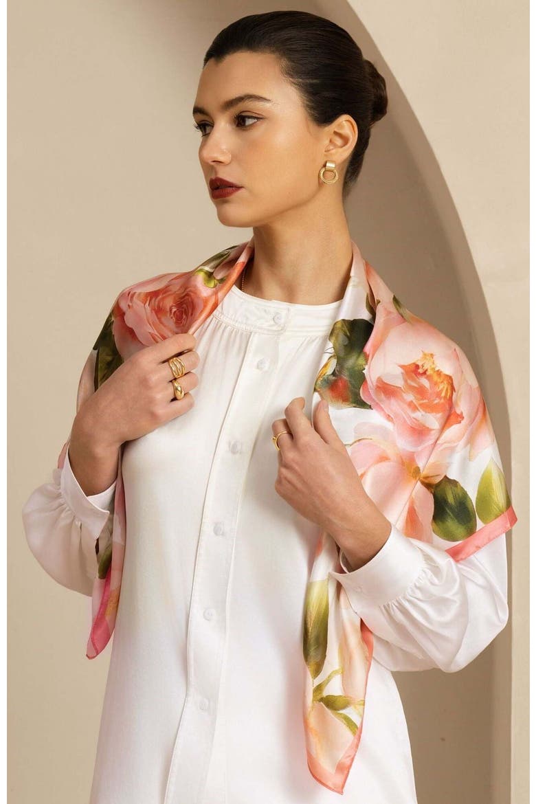 Pure Silk Pink Floral Print Square Scarf, Alternate, color, Multi
