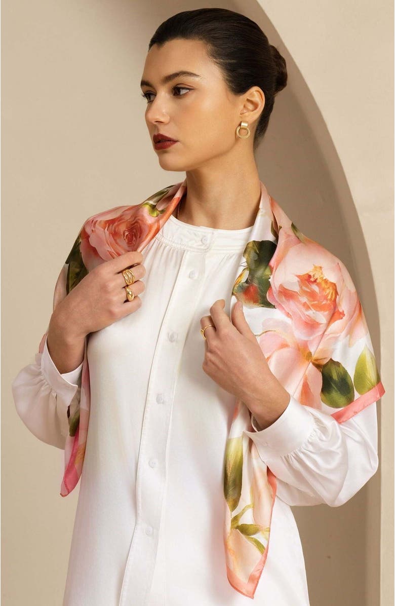 SILKSILKY Pure Silk Pink Floral Print Square Scarf, Alternate, color, Multi