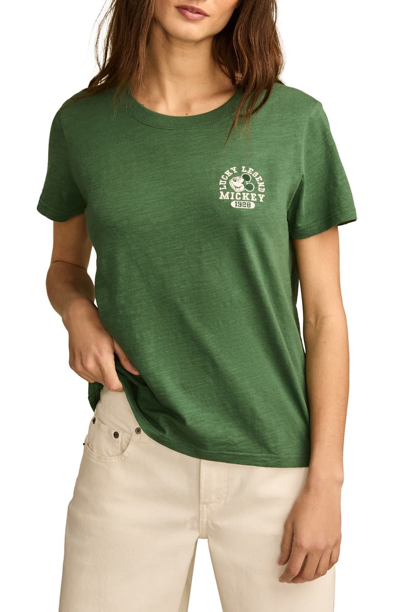 Lucky Brand Mickey Mouse Feel the Luck Embroidered Cotton Graphic T-Shirt, Main, color, 