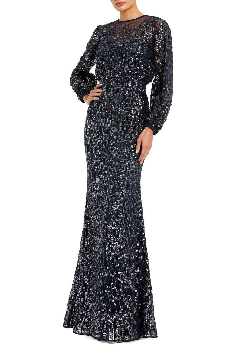 Sequin Long Sleeve Blouson Evening Gown, Main, color, Midnight