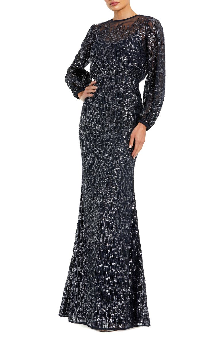 Mac Duggal Sequin Long Sleeve Blouson Evening Gown, Main, color, Midnight