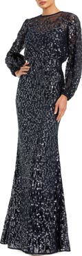 Mac Duggal Sequin Long Sleeve Blouson Evening Gown