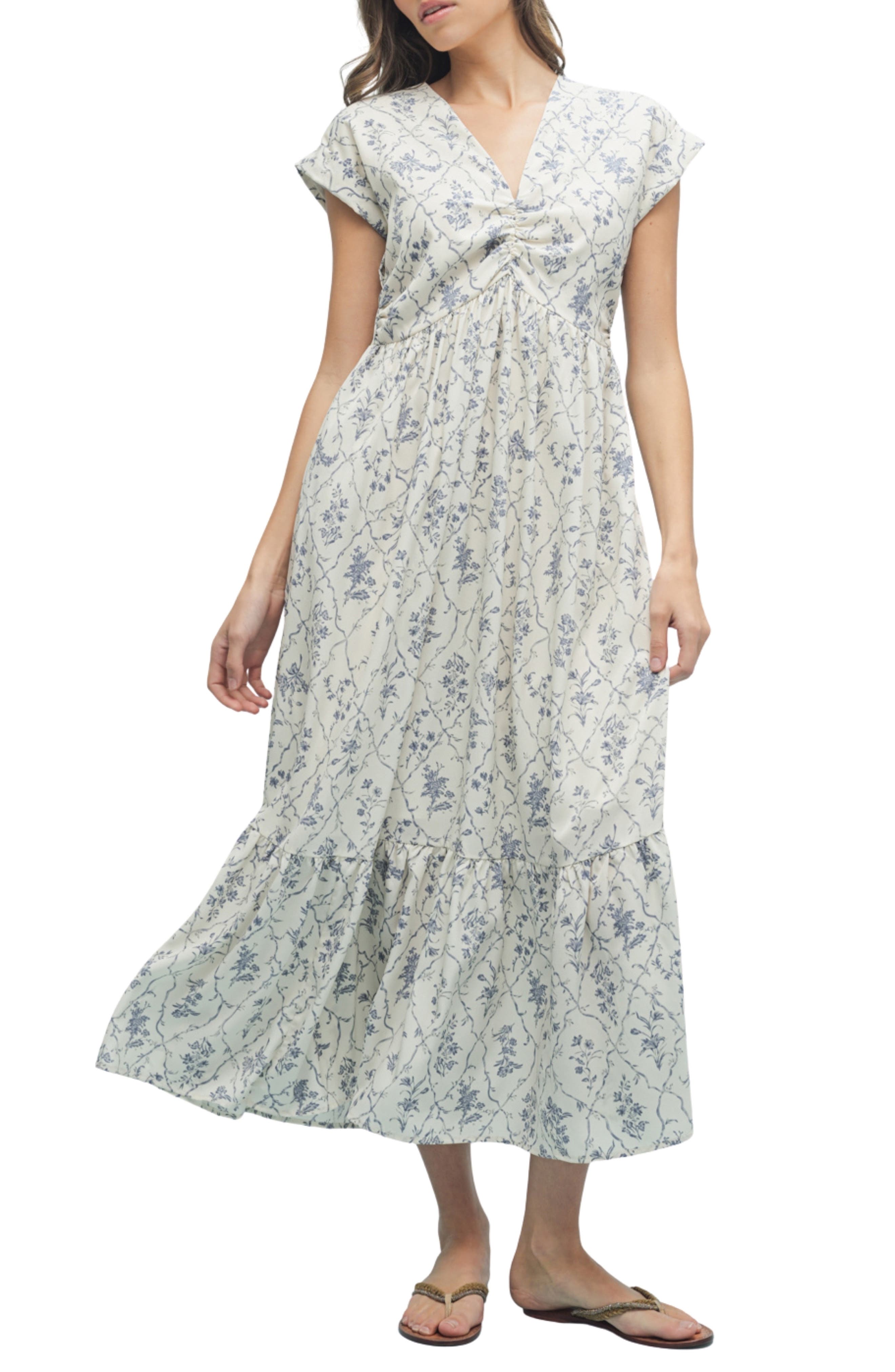 Wishlist Floral Cinched Midi Dress In Blue
