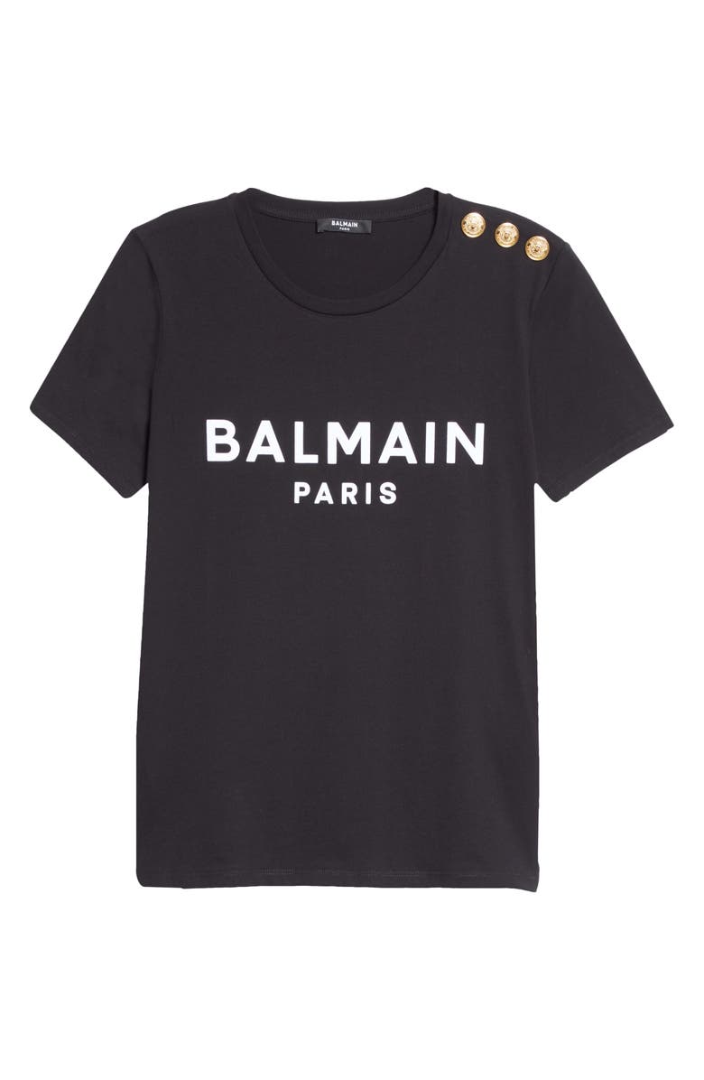 Balmain Button Shoulder Flocked Logo Graphic Tee, Alternate, color,