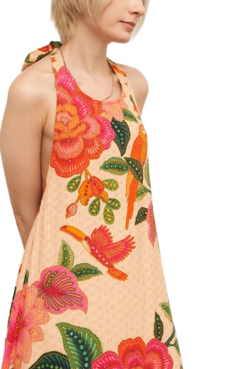 Knit and Lounge Tropical Halter Floral Bird Print Ruffle Hem Sleeveless Maxi Dress, Alternate, color, 