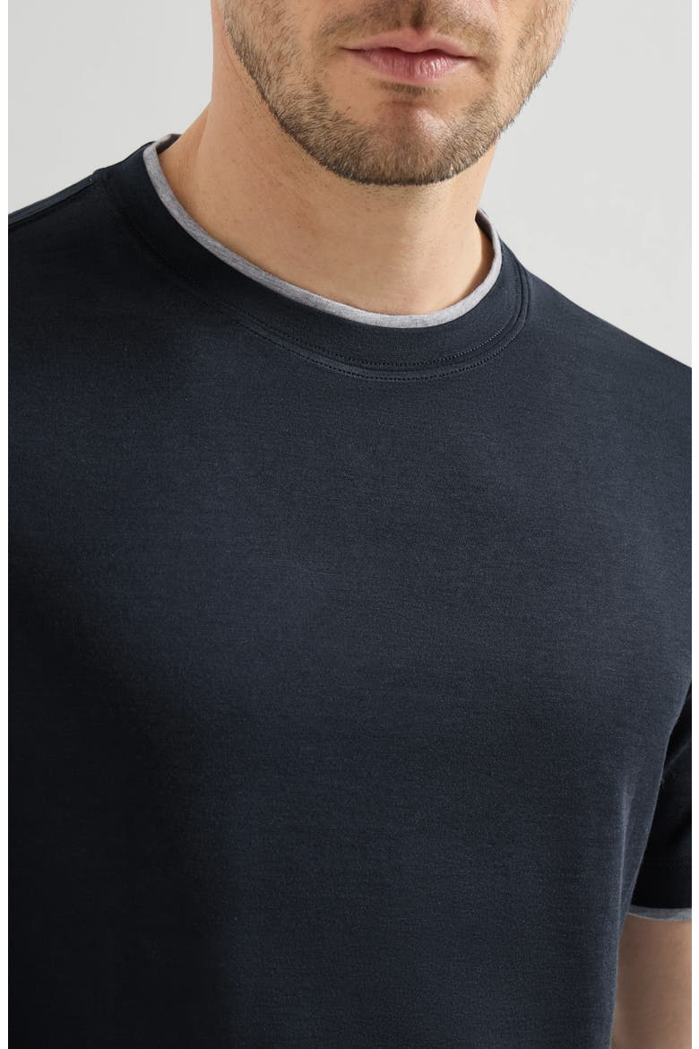 Silk and cotton lightweight jersey crew neck T-shirt with faux-layering, Alternate, color, Cobalt