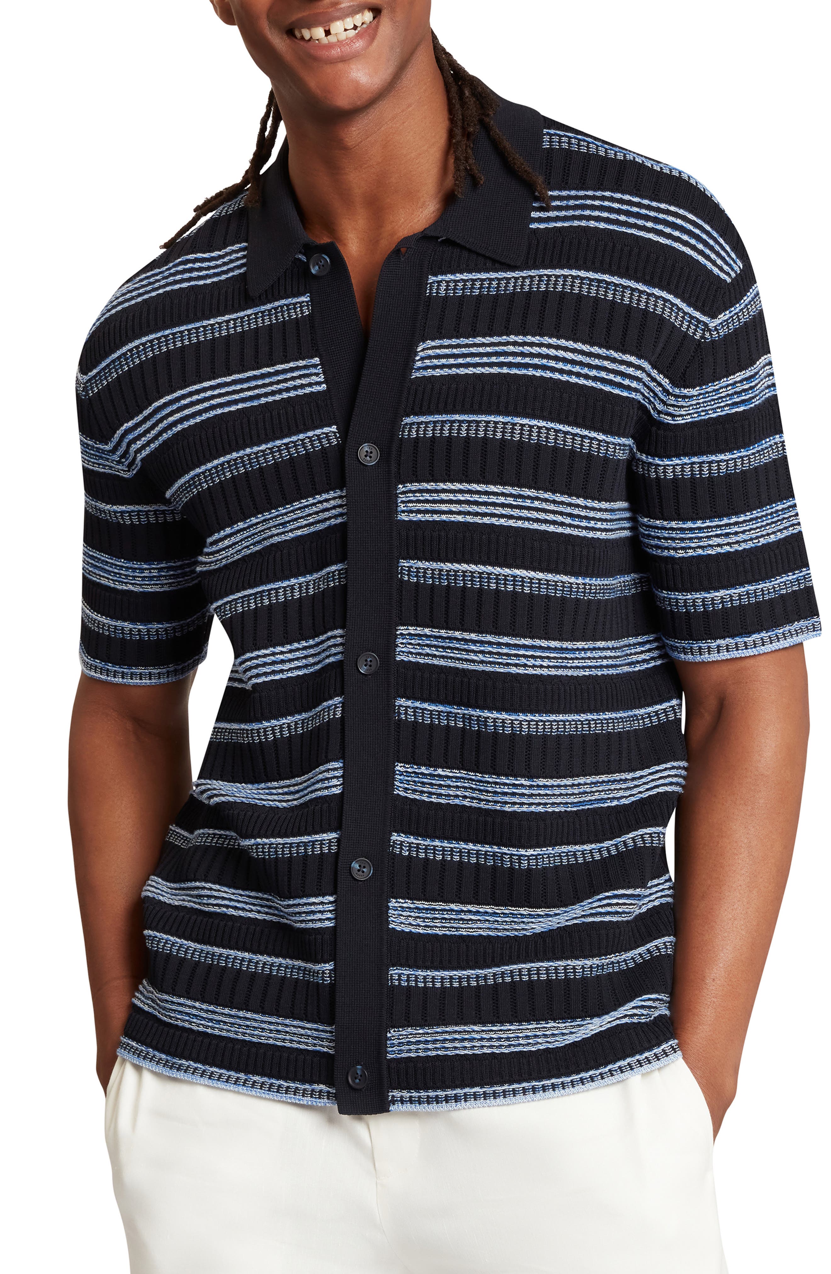 Florem Stripe Short Sleeve Knit Button-Up Shirt