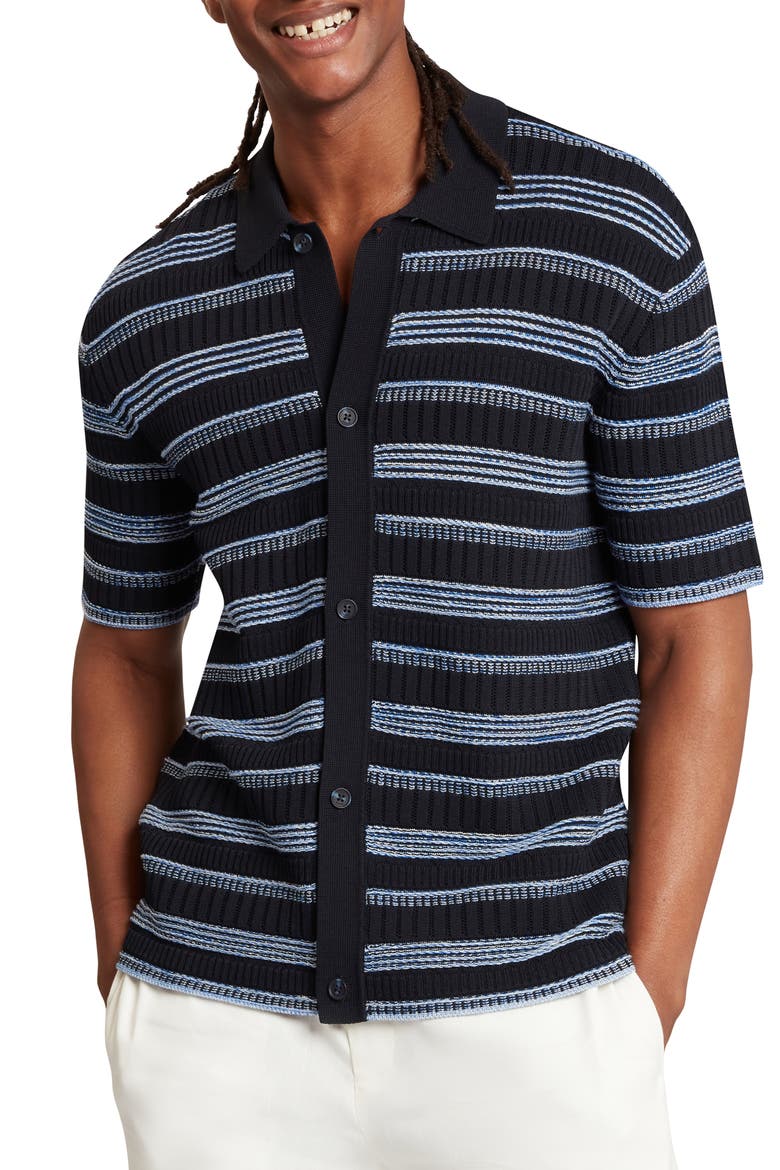 Florem Stripe Short Sleeve Knit Button-Up Shirt, Main, color, NAVY
