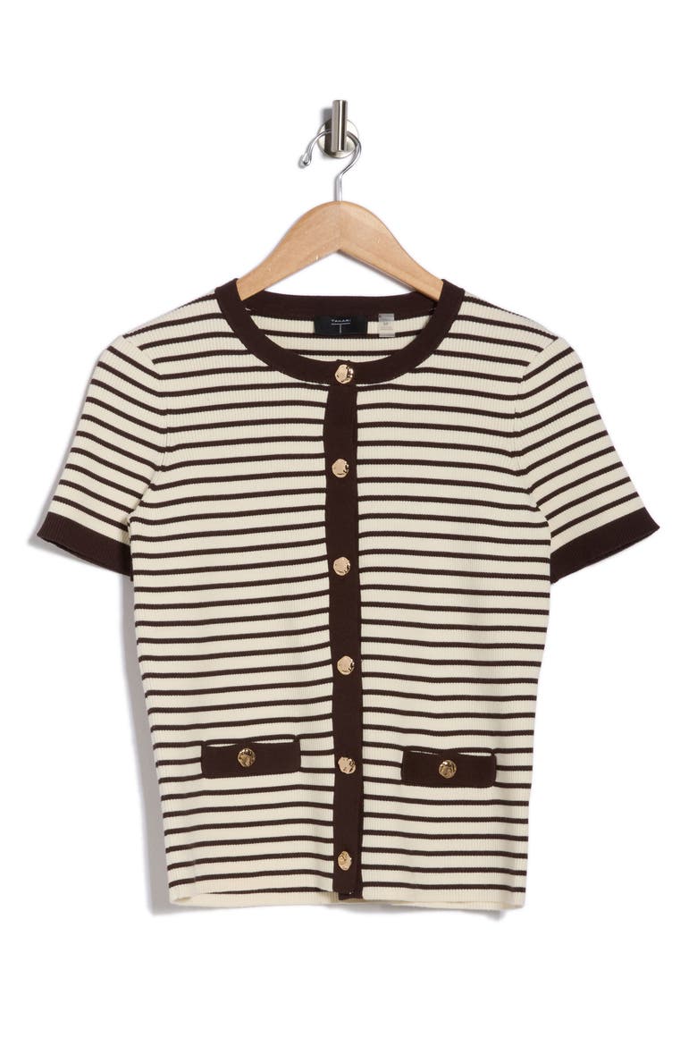 Stripe Short Sleeve Crop Cardigan, Alternate, color, CREAM/ INKY ESPRESSO