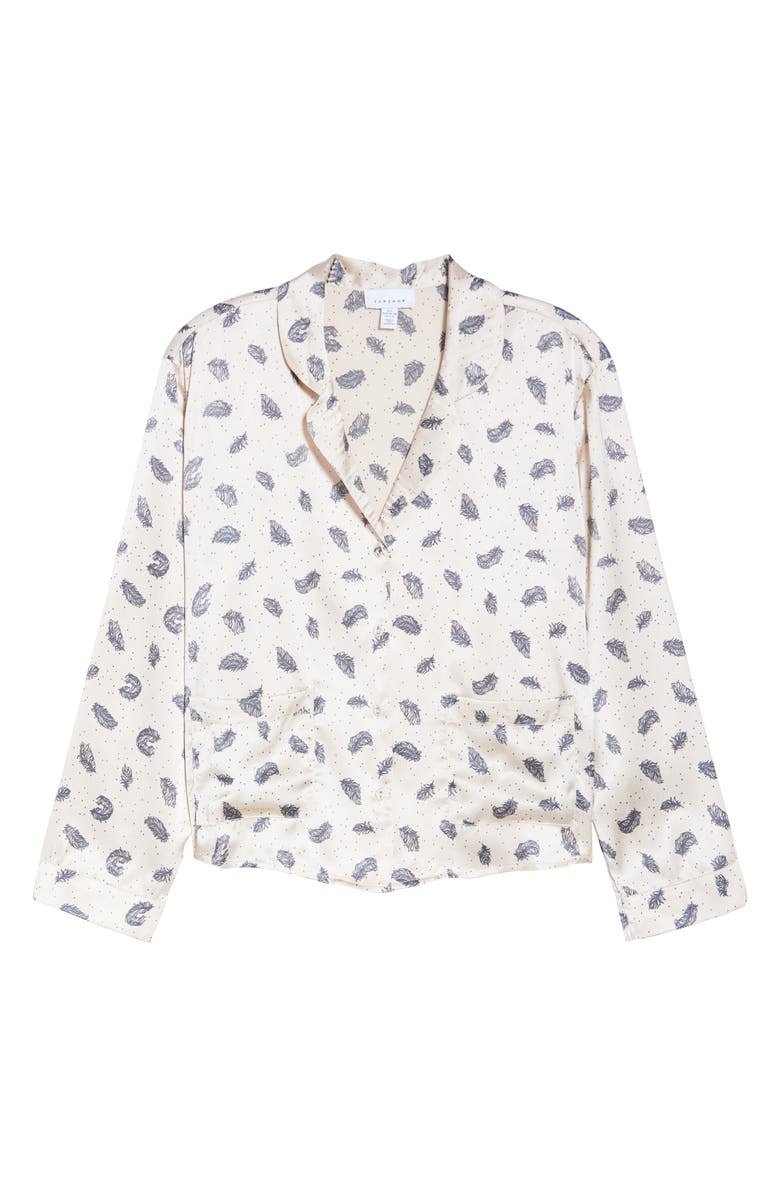 Topshop Feather Print Satin Pajama Top, Alternate, color, 