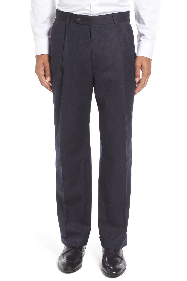 Lightweight Flannel Pleated Classic Fit Dress Trousers, Main, color, HEATHER NAVY