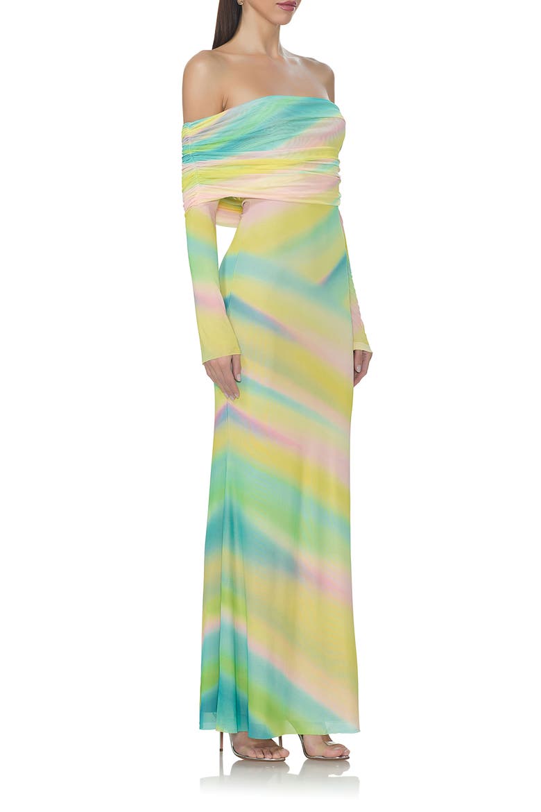 Thelma Print Off the Shoulder Long Sleeve Mesh Maxi Dress, Alternate, color, RAINBOW STRIPE