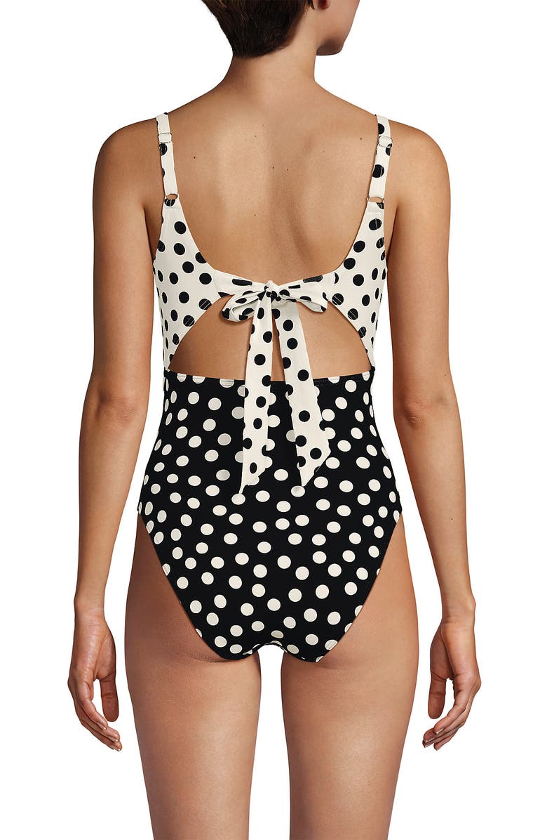 Lands' End Wrap Monokini High Leg One Piece Swimsuit, Alternate, color, Black/Egret Mixed Tossed Dots