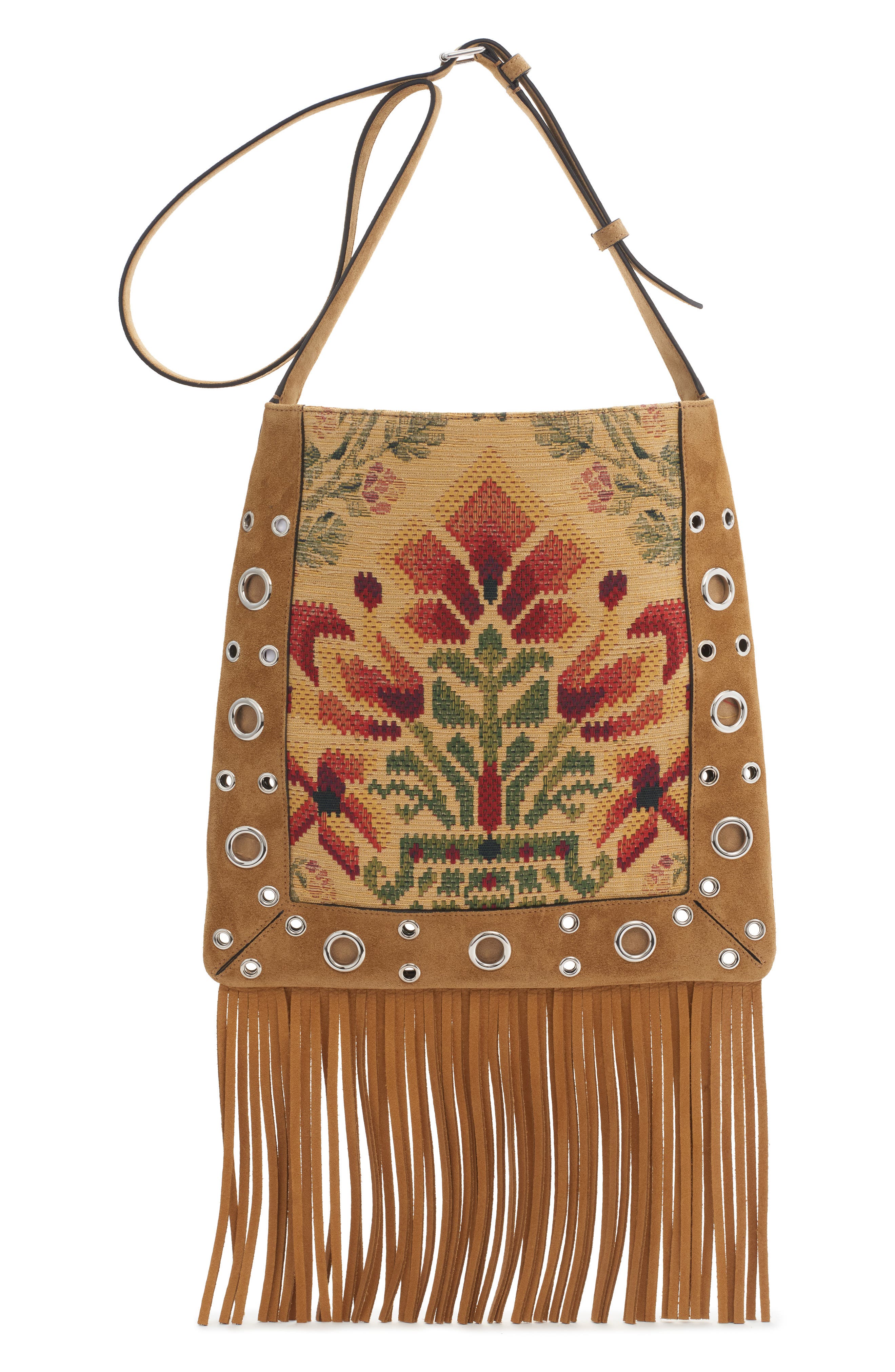 Valentino Garavani Nellcôte Embroidered Fringe Stud Crossbody Bag, Alternate, color, Brown Multi