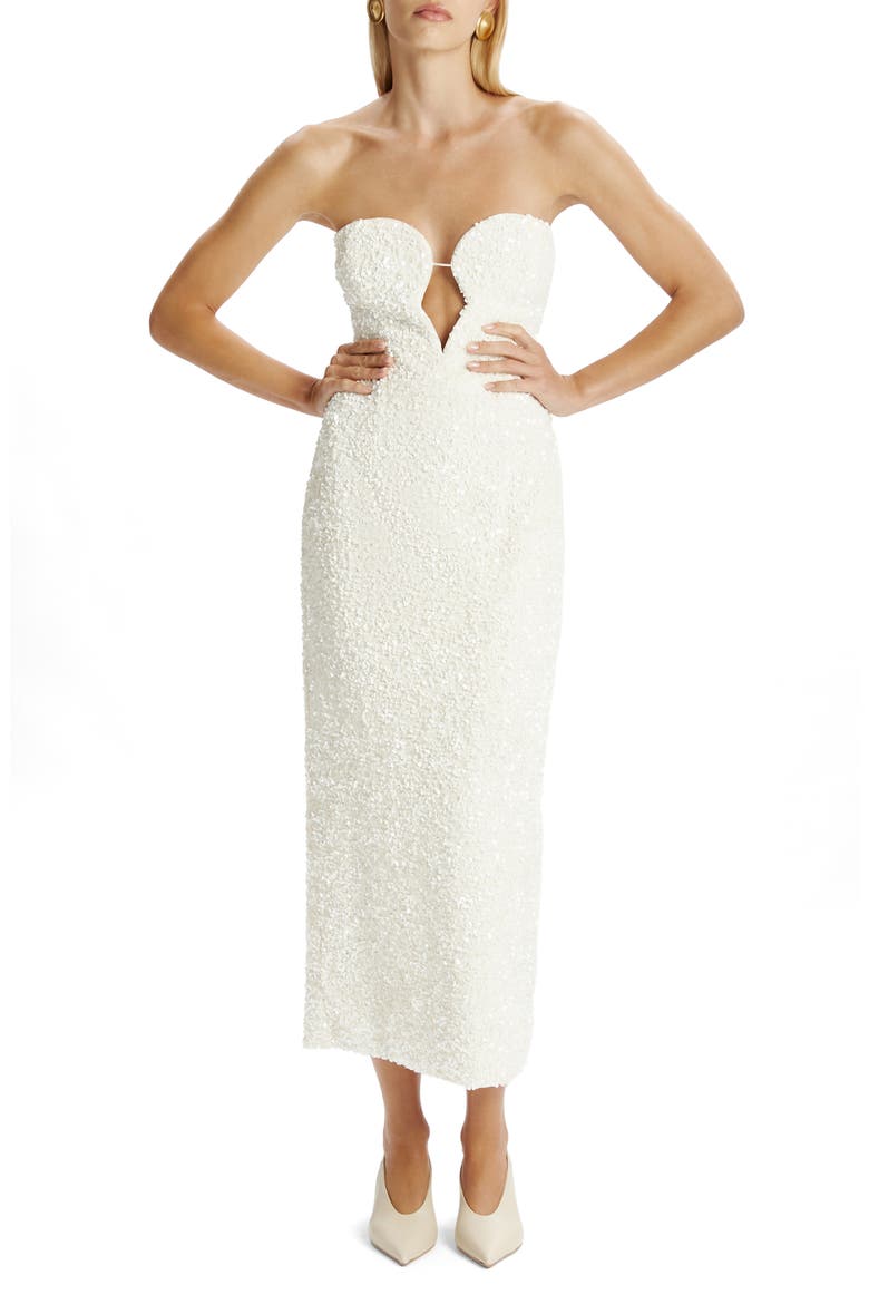 Braya Sequin Strapless Plunge Neck Midi Dress, Main, color, IVORY