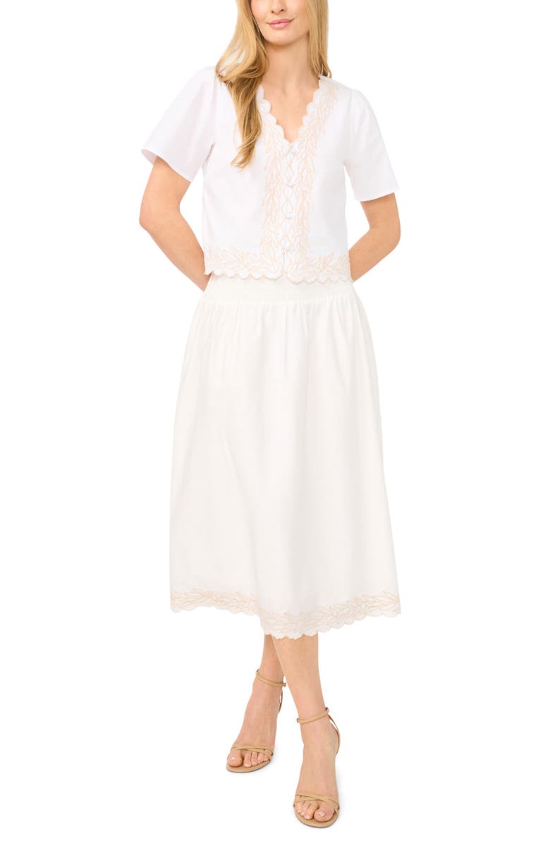 CeCe Embroidered V-Neck Crop Stretch Cotton Button-Up Shirt, Alternate, color, 