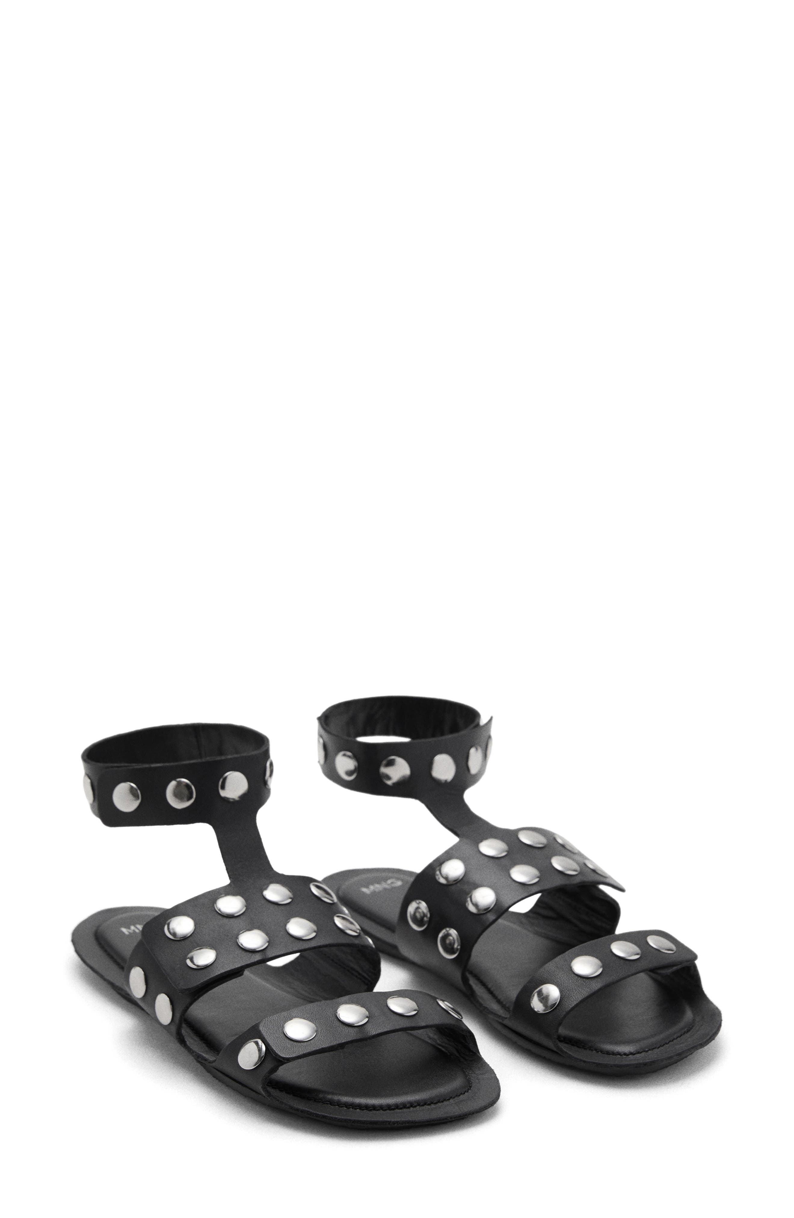 MANGO Studded Ankle Strap Sandal, Main, color, Black