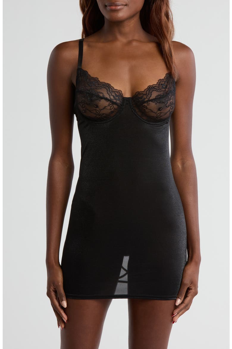 Lace & Mesh Underwire Chemise, Main, color, BLACK