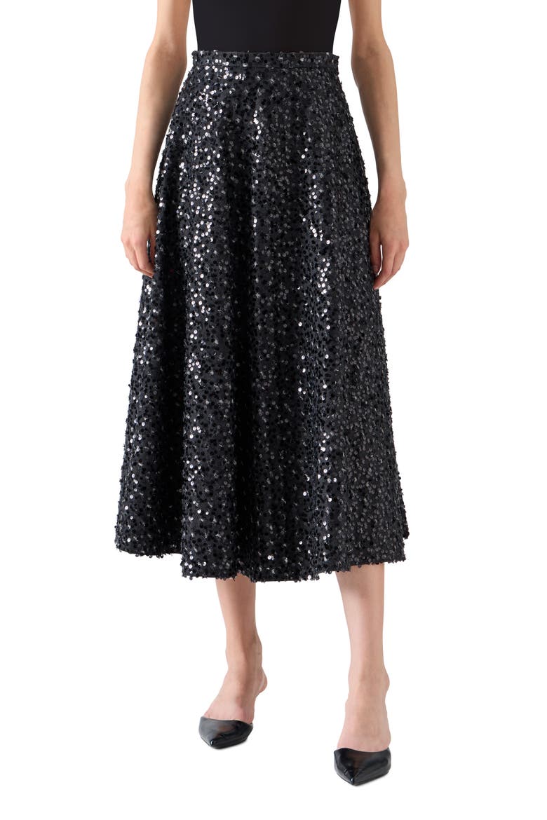Starry Sky Sequin Denim Midi Skirt, Main, color, BLACK DENIM