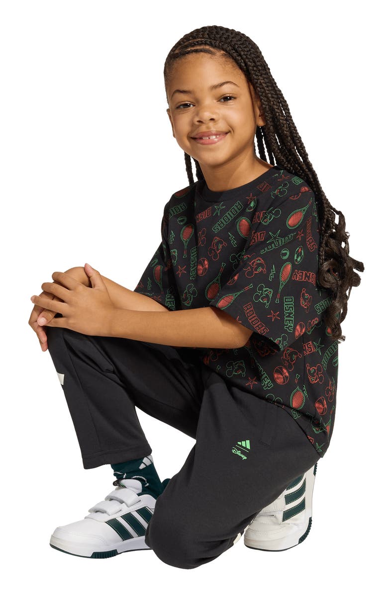 adidas Originals x Disney Oversize Allover Print T-Shirt, Alternate, color, Black/Impact Orange/Lime Burst