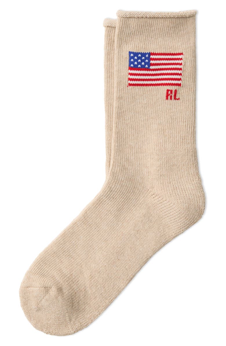 Polo Ralph Lauren Flag Embroidered Roll Top Crew Socks, Alternate, color, Beige Heather
