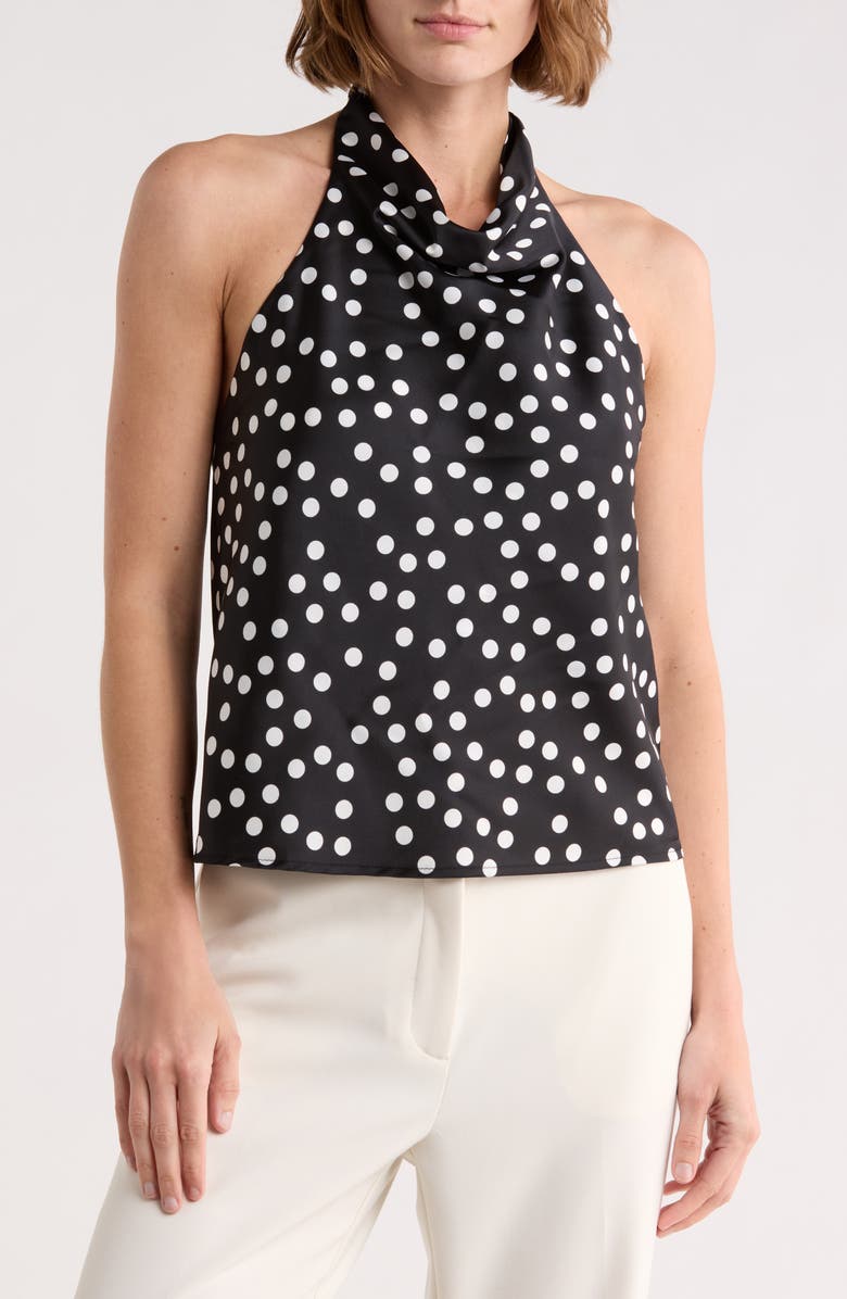 Renee C Polka Dot Satin Halter Top, Main, color, Black