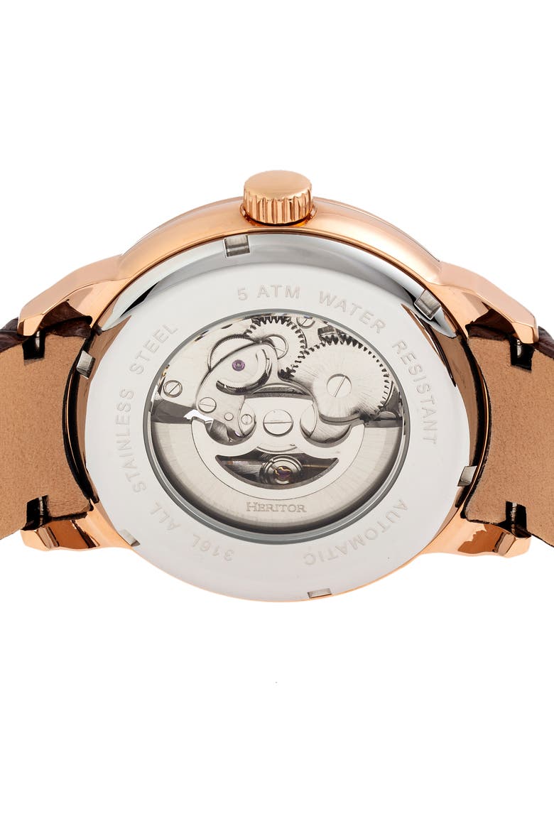 Sanford Semi-Skeleton Leather-Band Watch, Alternate, color, Rose Gold/Brown