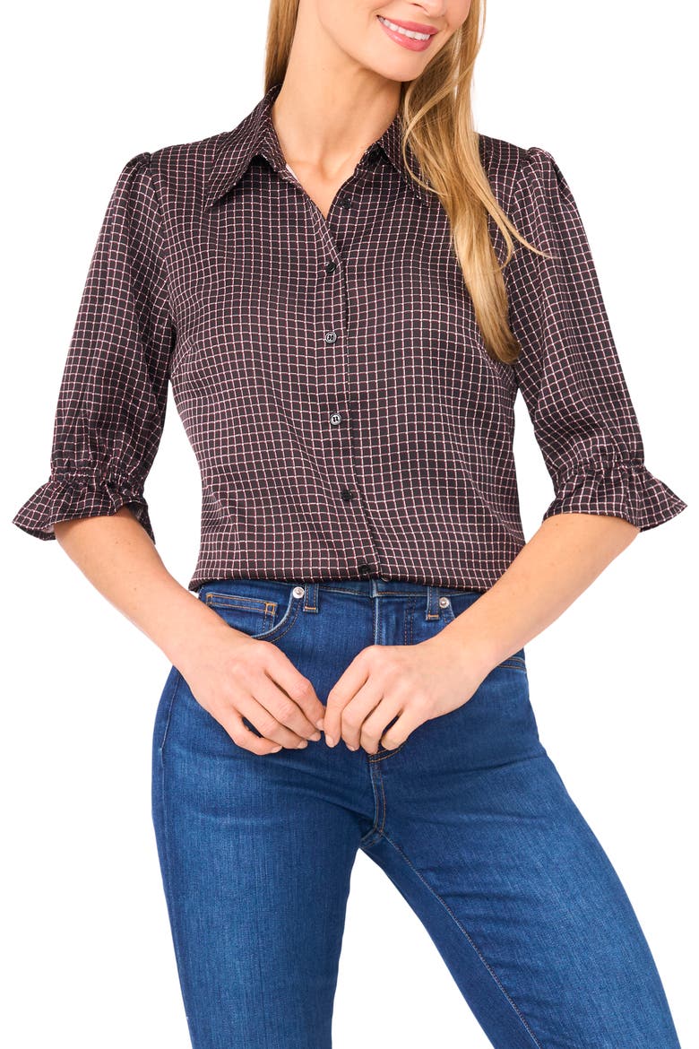 Geo Print Elbow Sleeve Button-Up Satin Shirt, Main, color, RICH BLACK