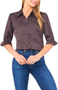 CeCe Geo Print Elbow Sleeve Button-Up Satin Shirt