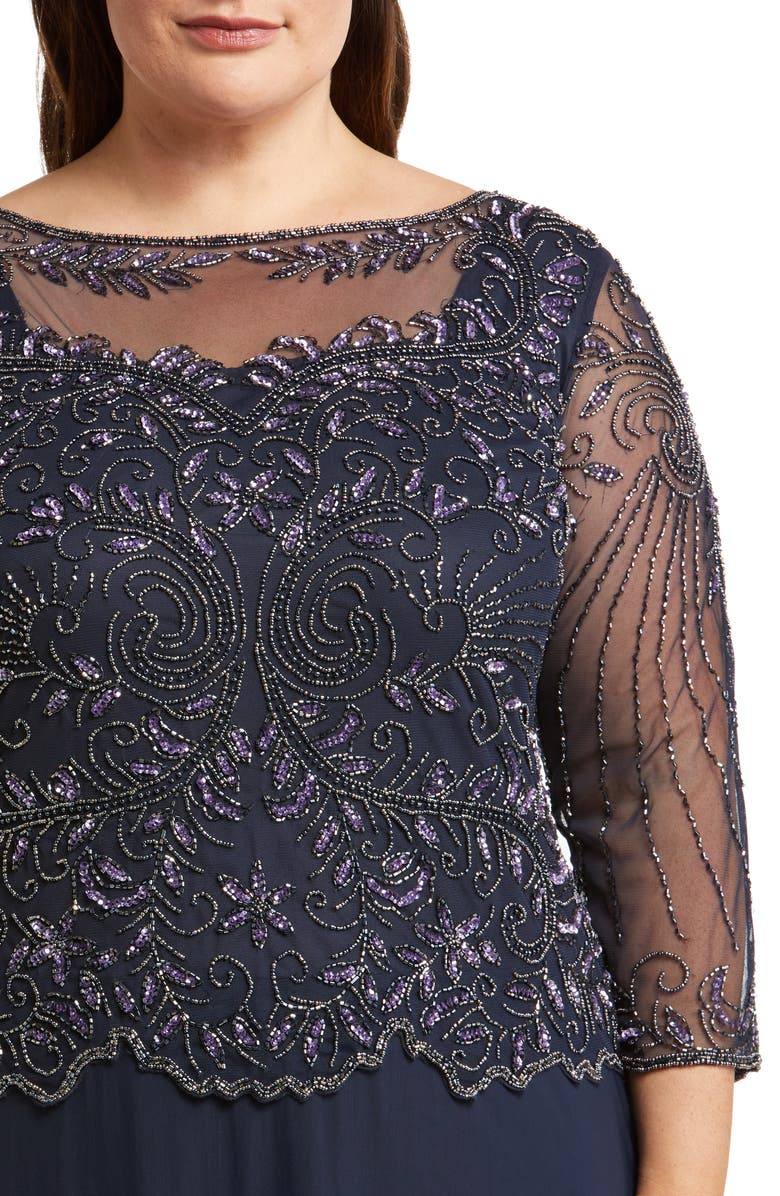 Pisarro Nights Beaded Mesh Mock Two-Piece Gown, Alternate, color, Navy 410