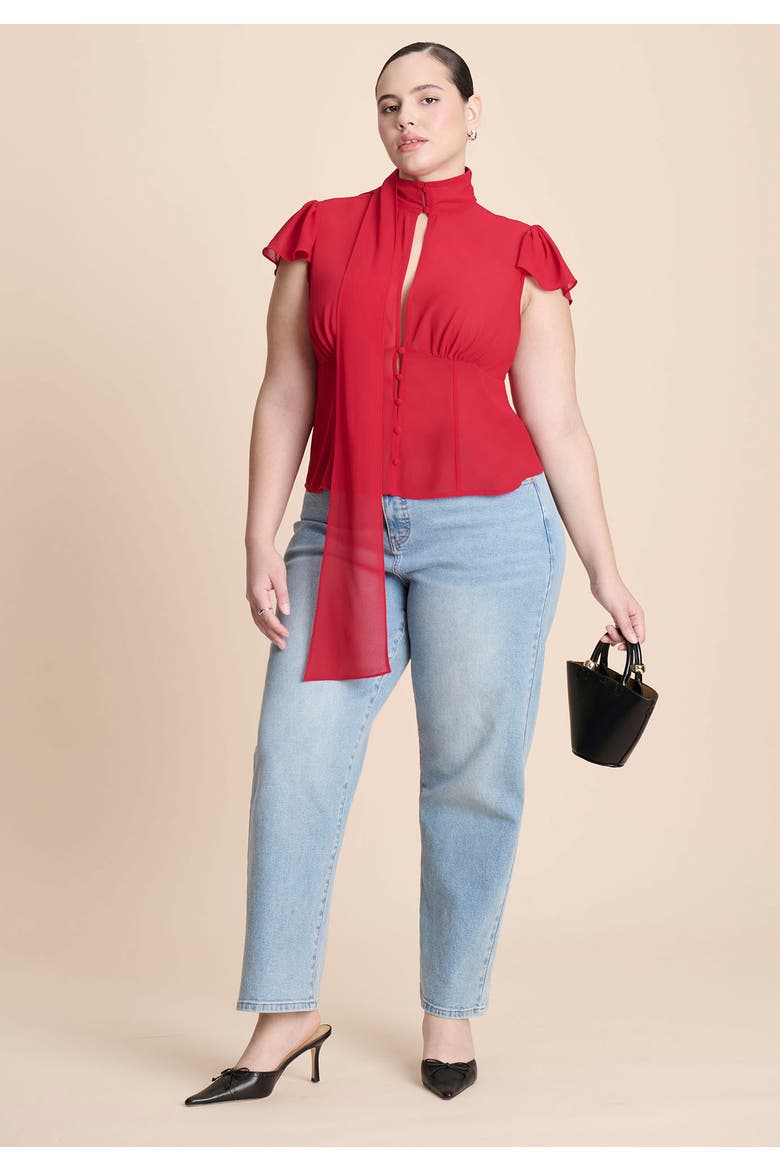 Flutter Sleeve Top With Necktie, Alternate, color, CRIMSON