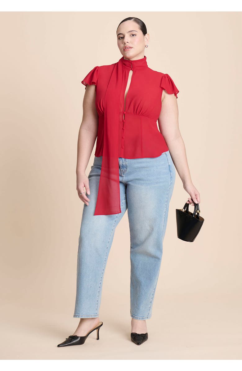 ELOQUII Flutter Sleeve Top With Necktie, Alternate, color, Crimson