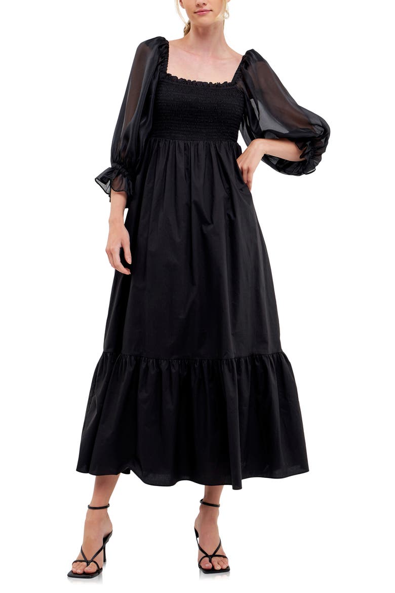 Smocked Poplin & Organza Midi Dress, Alternate, color, BLACK
