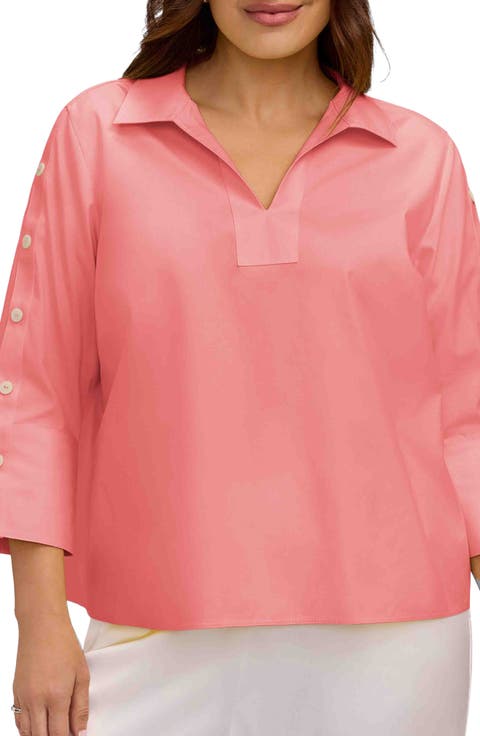 Lainey Button Accent Cotton Popover Top (Plus)