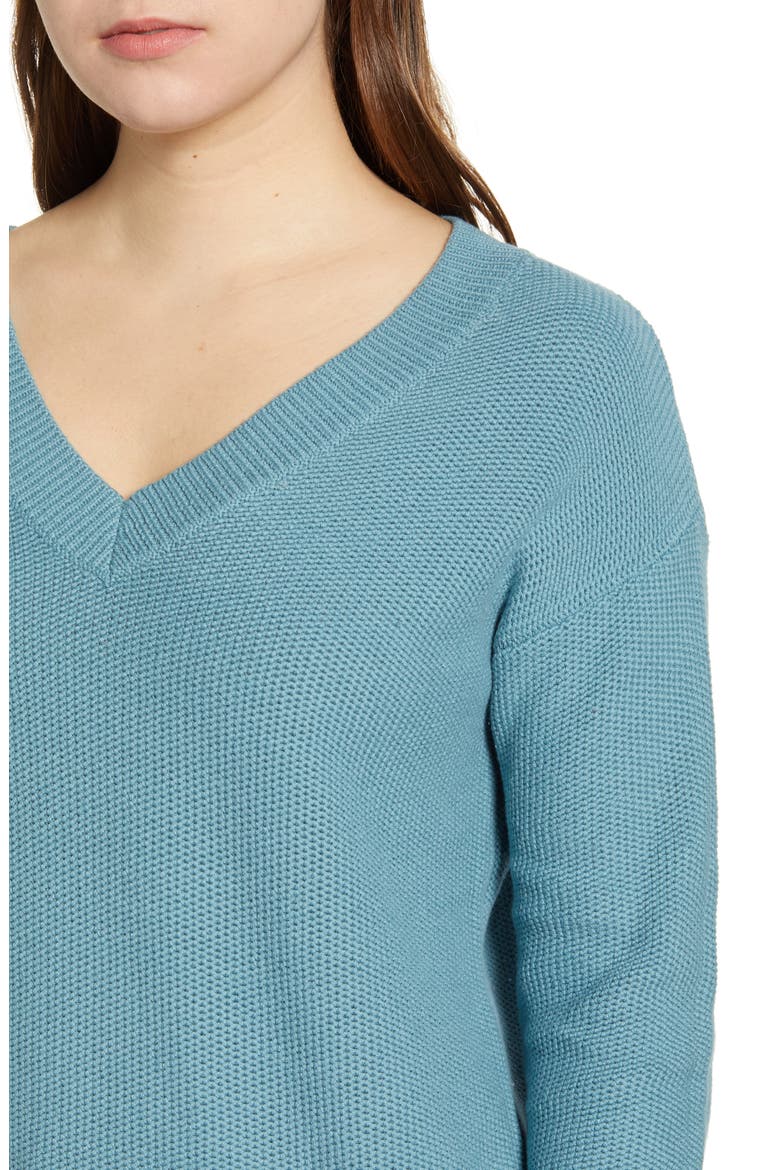 V-Neck Cotton Seed Stitch Sweater, Alternate, color, BLUE SMOKE