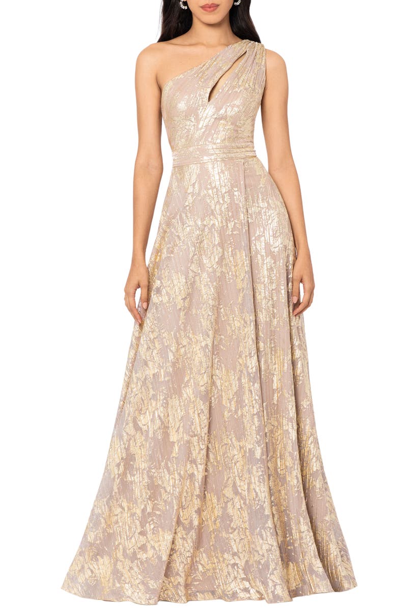 Betsy & Adam Metallic Floral One-Shoulder Sheath Gown, Main, color, White/Pink/Gold