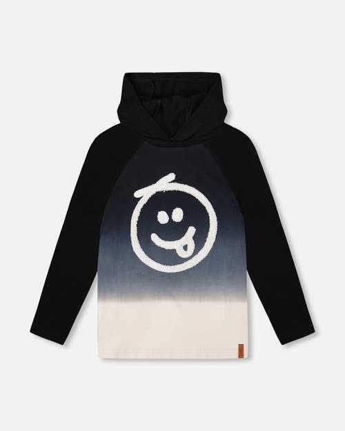 Deux Par Deux Kids'  Organic Cotton Jersey Hooded Raglan Sleeve Tee In Black