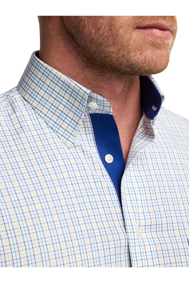 Cotton Spandex Point Collar Poplin Slim Contrast Trim Button Cuff Long Sleeve, Alternate, color, Blue Multi