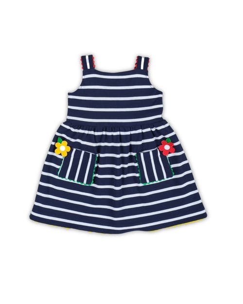 Florence Eiseman Stripe Knit Dress With Ric Rac And Flowers In Navy/white