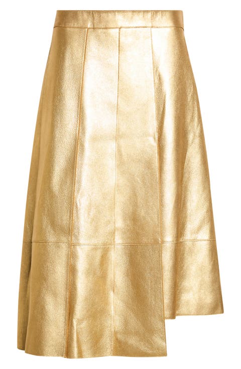 Trapezoid Pleated Metallic Leather Midi Skirt