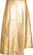 Akris Trapezoid Pleated Metallic Leather Midi Skirt